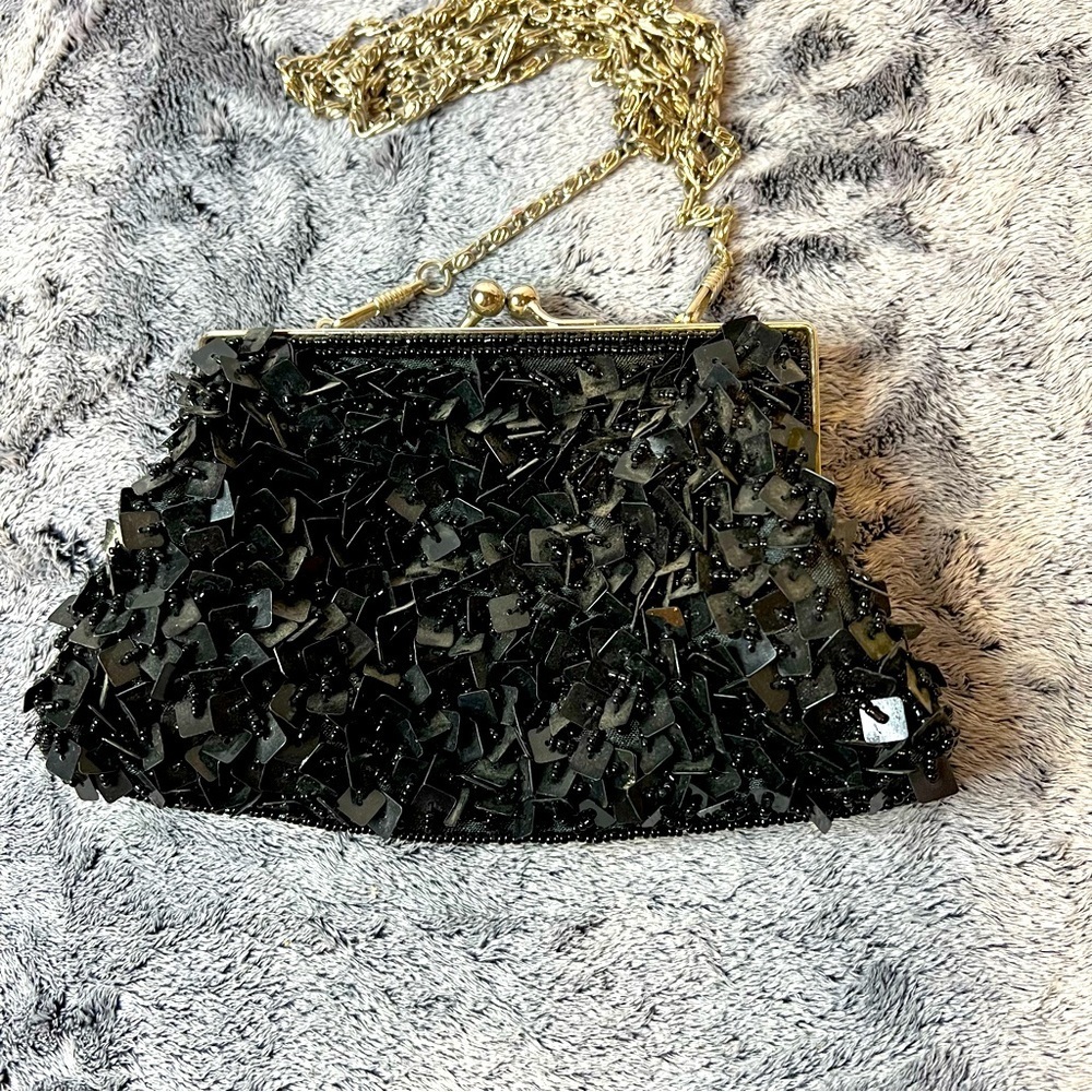 Vintage Bijoux Terner Black Sequin Beaded Sequined Evening Bag